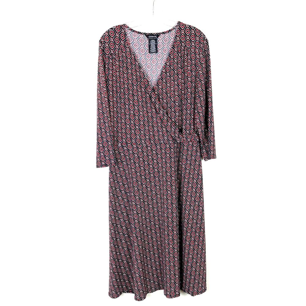 George Women's A-Line Midi Dress Size M-L Stretch Jersey V-Neck 3/4 Sleeve